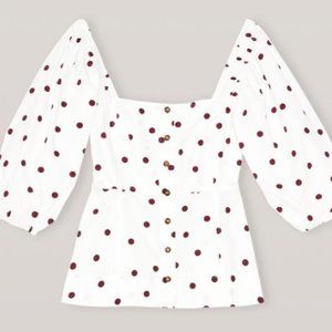 Ganni Printed Cotton Poplin Puff Sleeve Top